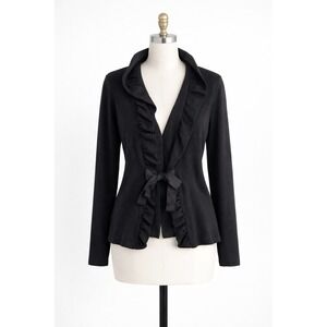 Per Se Black Ruffled Collar Bow Cardigan Sweater Jacket Knit Silk Blend US XL